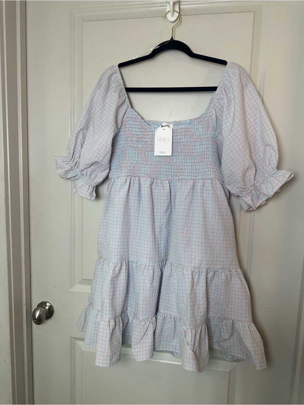 NEW &MERCI Babydoll Plaid Grid Smocked Mini Dress, Large
